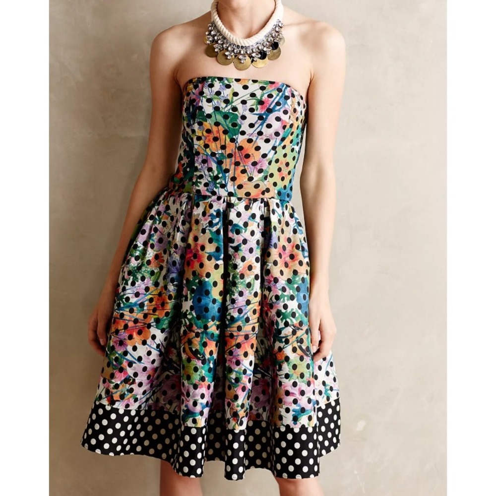 Anthropologie Corey Lynn Calter Strapless Dress Multicolor Floral Polka Dot